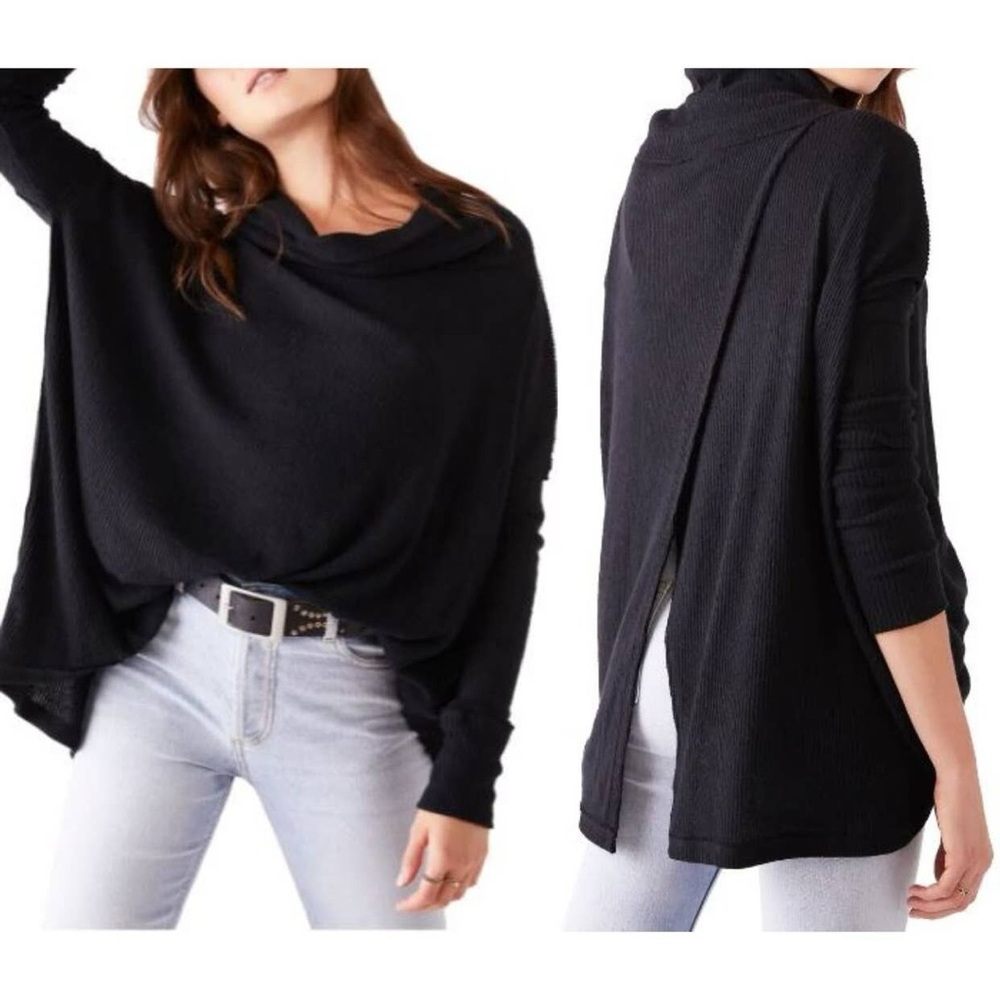 NWT- Free People Juicy Love Sleeve Ribbed Top with Peekaboo Back in Black